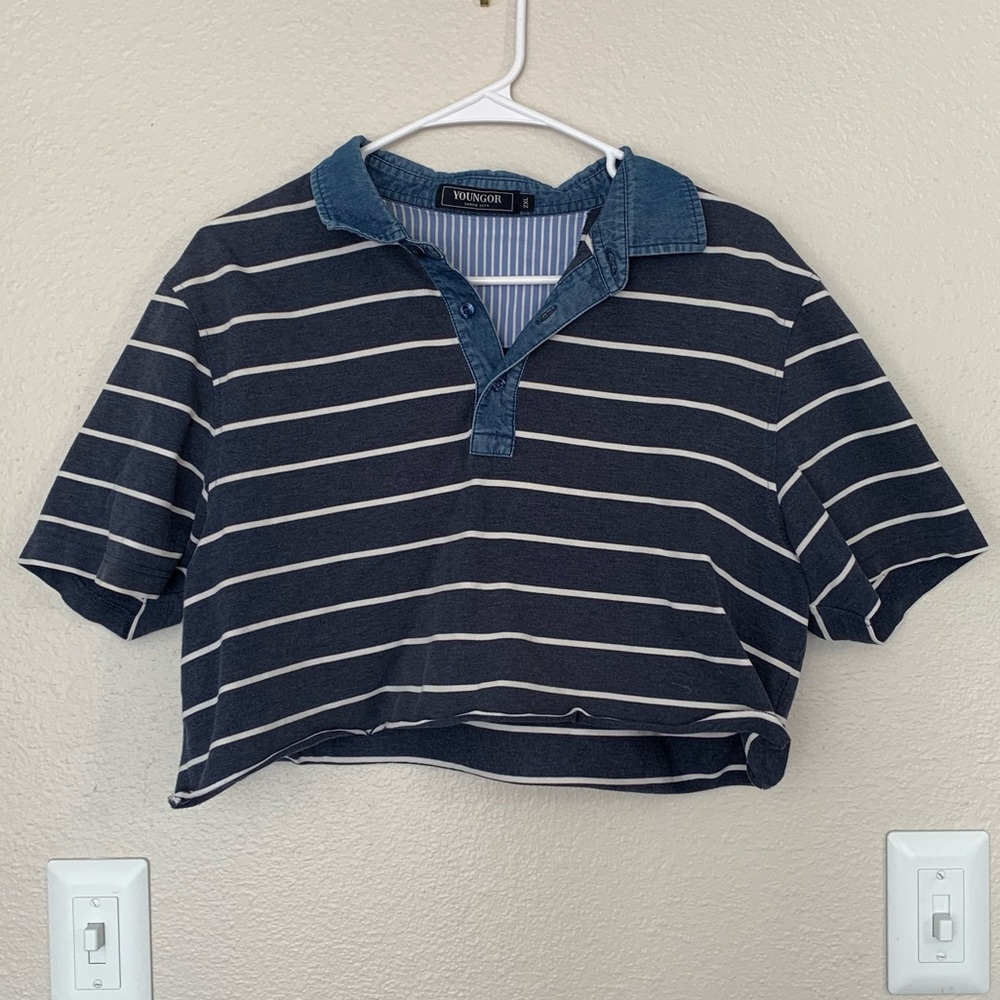 Thrifted Striped Cropped Polo w/ Denim Collar